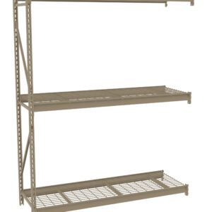 A beige metal shelving unit with three open wire shelves is shown. The structure has a simple, industrial design with vertical supports and horizontal beams. Its empty and set against a plain white background.