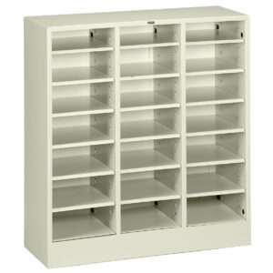 A beige metal shelving unit with three columns and five rows of adjustable shelves. The open design allows for visible storage of various items, with holes for shelf height customization. The structure is sturdy and industrial in style.
