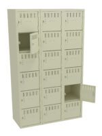 A beige metal locker unit with three columns and five rows of small compartments is shown. Several compartment doors are open, revealing empty spaces inside. The lockers have vent slits and key locks on each door.