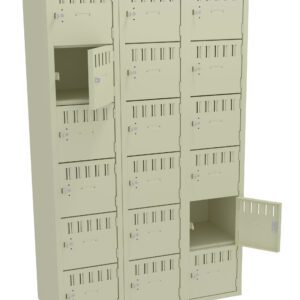 A beige metal locker unit with three columns and five rows of small compartments is shown. Several compartment doors are open, revealing empty spaces inside. The lockers have vent slits and key locks on each door.