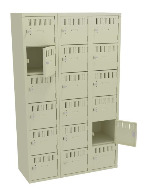 ckey1xwpbikai7wkltom.jpg A beige metal locker unit with three columns and five rows of small compartments is shown. Several compartment doors are open, revealing empty spaces inside. The lockers have vent slits and key locks on each door.