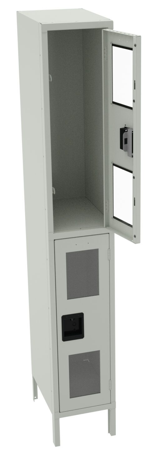 A tall gray metal locker with two compartments, one on top and one at the bottom. The top door is open, revealing an empty interior, while the bottom door is closed. Each door has a ventilation panel and a handle.
