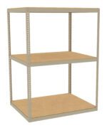 A three-tiered metal shelving unit with wooden shelves. The frame is light gray, and the shelves have a natural wood finish. The structure is simple and utilitarian, designed for storage or organization.