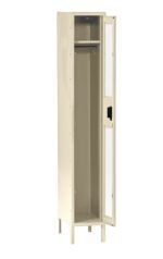 A tall, beige metal locker with an open door, showcasing an empty interior. It has a hanging bar and a hook inside. The locker stands on four legs, and the door features two vertical transparent panels.