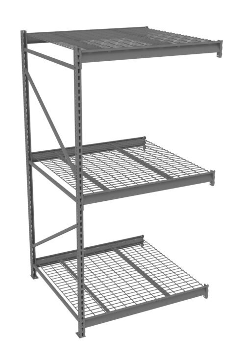 cktvzgiw7rcezhfzvghs.jpg A three-tier industrial metal shelving unit with a wire grid design on each shelf. The shelves are evenly spaced and supported by vertical beams with multiple holes for adjustable shelving. The unit is gray and has no items on it.