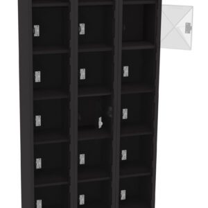 A black, three-column storage locker with twelve open compartments. One compartment door is open, revealing a white interior with a lock. The locker stands on short legs.