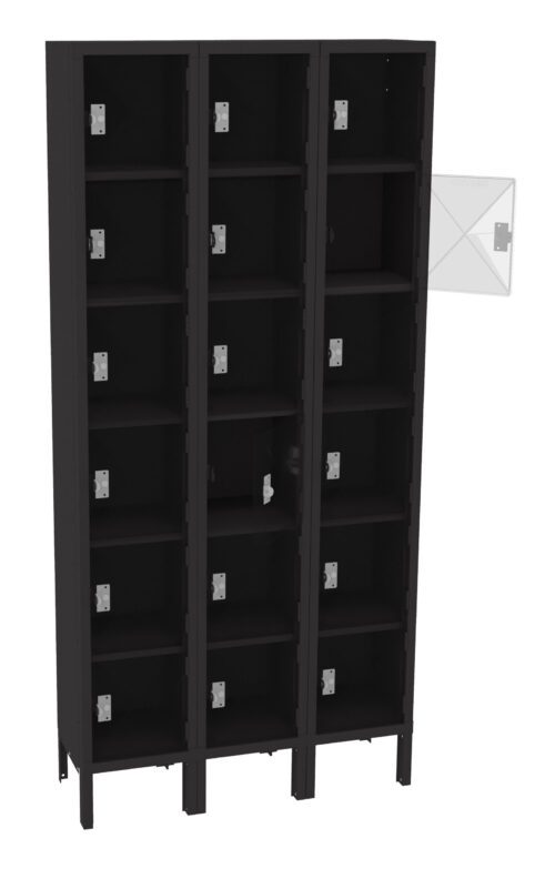 A black, three-column storage locker with twelve open compartments. One compartment door is open, revealing a white interior with a lock. The locker stands on short legs.