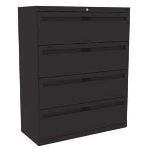 A black, four-drawer lateral filing cabinet with a minimalist design and a lock on the top drawer. The cabinet is standing upright against a white background.
