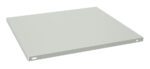 A gray, flat, square metal plate with a smooth surface. It has a small rectangular cutout on one edge and a circular hole on the opposite edge. The plate is positioned on a light gray background.