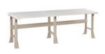 A long, rectangular wooden table with a smooth white top and beige metal legs. The table has a simple, sturdy design and is elevated with supportive braces between the legs.