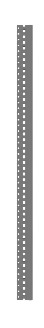 A vertical, gray metal strip with evenly spaced rectangular holes running along both edges, set against a white background.