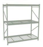 A grey metal storage rack with three shelves. The rack has a sturdy, industrial design with mesh shelving. It is empty and designed for organizing or storing items in a warehouse or garage setting.