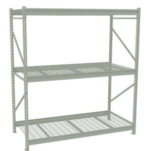 A grey metal storage rack with three shelves. The rack has a sturdy, industrial design with mesh shelving. It is empty and designed for organizing or storing items in a warehouse or garage setting.