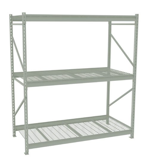 A grey metal storage rack with three shelves. The rack has a sturdy, industrial design with mesh shelving. It is empty and designed for organizing or storing items in a warehouse or garage setting.