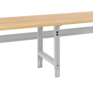 A sturdy workbench with a wooden top and adjustable gray metal legs. The bench has a simple design, suitable for various tasks, with a rectangular shape and visible support brackets beneath the tabletop.
