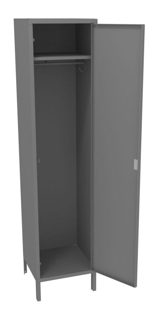 A tall, gray metal locker with one door open, revealing an empty interior. Inside, theres a horizontal hanging rod near the top, suitable for clothing. The locker is supported by four legs.