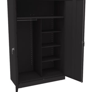 A black metal storage cabinet with two open doors, revealing a spacious interior. It features a hanging rod on the left side and several shelves on the right for organizing items. The cabinet has a sleek, modern design.