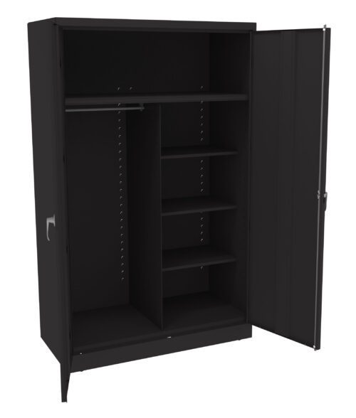 clzroeyyzoeineoiwktl.jpg A black metal storage cabinet with two open doors, revealing a spacious interior. It features a hanging rod on the left side and several shelves on the right for organizing items. The cabinet has a sleek, modern design.