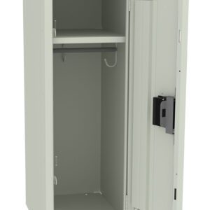 Open metal locker with a single shelf and a rod for hanging items. The locker is light gray and features a perforated ventilation design on the door, which is slightly ajar.