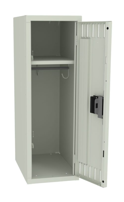 Open metal locker with a single shelf and a rod for hanging items. The locker is light gray and features a perforated ventilation design on the door, which is slightly ajar.