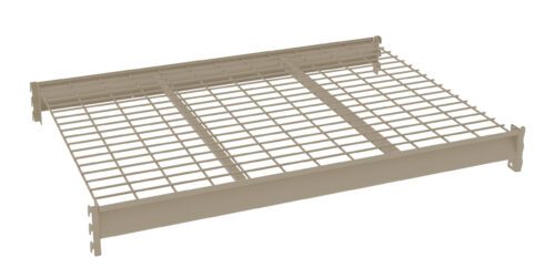 An angled view of a beige metal wire shelf with a grid-like pattern, featuring support bars at each end. The shelf is designed for modular storage systems, allowing air flow and visibility of items placed on it.