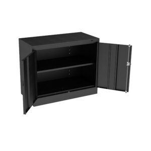 Black metal cabinet with two open doors revealing two shelves. It is empty and set against a plain white background. The cabinet has a sleek, modern design.