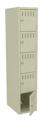 A tall beige metal locker with four compartments, each with a keyhole and vent slits. The bottom compartment is slightly open.