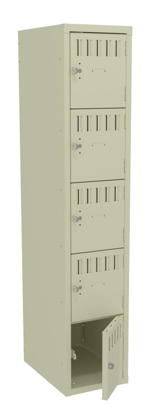 A tall beige metal locker with four compartments, each with a keyhole and vent slits. The bottom compartment is slightly open.