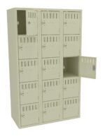 A beige metal locker unit with three columns and four rows. Each column consists of individual lockable compartments. Two doors are open, revealing the empty interior spaces. The other compartments are closed.