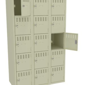 A beige metal locker unit with three columns and four rows. Each column consists of individual lockable compartments. Two doors are open, revealing the empty interior spaces. The other compartments are closed.