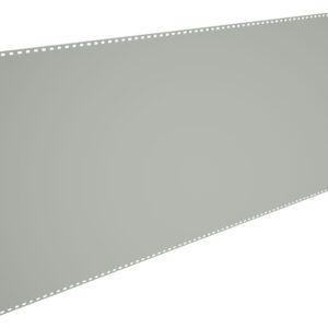 A wide, blank, light gray sheet of continuous form computer paper with perforations and hole punchings along the top and bottom edges. The paper is tilted slightly to the right, giving a skewed perspective.