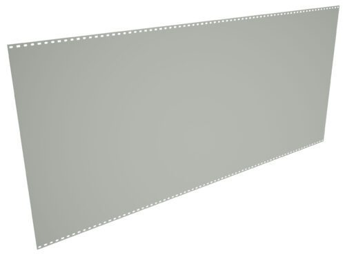 cmwgugjxkqfhy1uqdcug.jpg A wide, blank, light gray sheet of continuous form computer paper with perforations and hole punchings along the top and bottom edges. The paper is tilted slightly to the right, giving a skewed perspective.