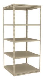 A beige, metal shelving unit with four shelves. The structure is simple and open, suitable for storage. The shelves are evenly spaced and the unit stands upright on a flat surface against a white background.