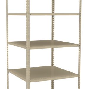 A beige, metal shelving unit with four shelves. The structure is simple and open, suitable for storage. The shelves are evenly spaced and the unit stands upright on a flat surface against a white background.