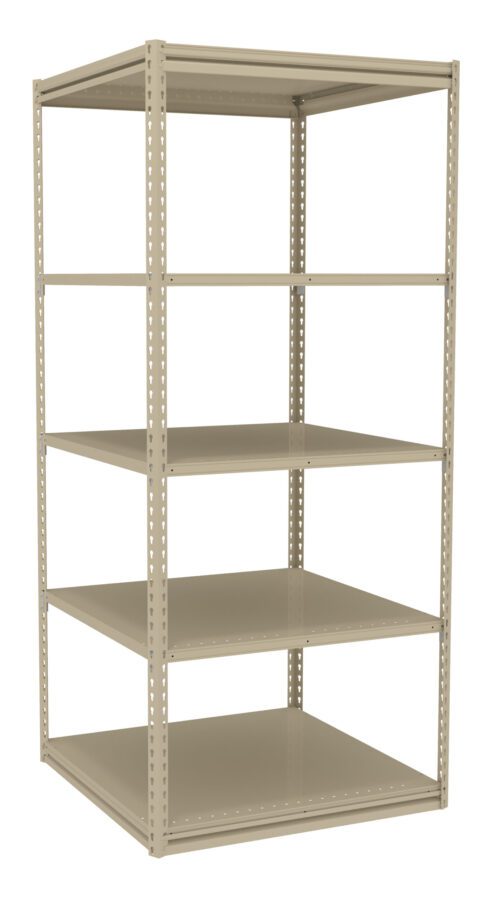 A beige, metal shelving unit with four shelves. The structure is simple and open, suitable for storage. The shelves are evenly spaced and the unit stands upright on a flat surface against a white background.