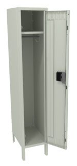An open, light gray metal locker with a single compartment is displayed. It features a hook on the side, a rail for hangers, and a secure lock on the door. The locker stands on four legs.