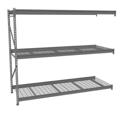 cnrewsjdwxtgxinzgklq.jpg Metal shelving unit with three levels, featuring a combination of solid and mesh surfaces. The structure is supported by perforated vertical beams and horizontal supports, providing ample storage space. The unit is metallic gray.