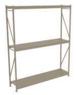 A beige metal shelf unit with three tiers, featuring slatted shelves. The design includes vertical supports and horizontal beams, with diagonal braces on the sides for stability. The shelving is empty and set against a white background.