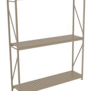 A beige metal shelf unit with three tiers, featuring slatted shelves. The design includes vertical supports and horizontal beams, with diagonal braces on the sides for stability. The shelving is empty and set against a white background.