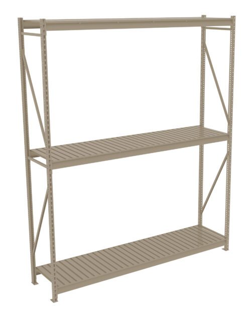 A beige metal shelf unit with three tiers, featuring slatted shelves. The design includes vertical supports and horizontal beams, with diagonal braces on the sides for stability. The shelving is empty and set against a white background.
