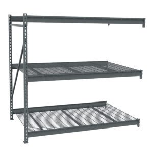 A three-tier metal storage rack with wire mesh shelves on a metal frame. The design is industrial, suitable for warehouses or garages, providing durable and sturdy storage space. The shelves are evenly spaced and appear empty.