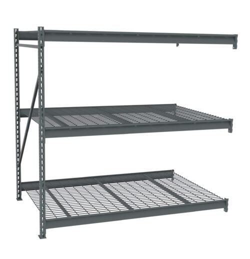 A three-tier metal storage rack with wire mesh shelves on a metal frame. The design is industrial, suitable for warehouses or garages, providing durable and sturdy storage space. The shelves are evenly spaced and appear empty.