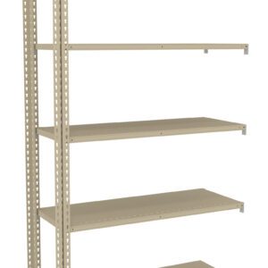 Metal shelving unit with five adjustable beige shelves. The design features perforated vertical supports for customizable shelf placement. The unit is empty, showing its sturdy and functional construction.