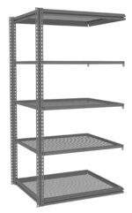 A metal storage rack with five wire shelves, featuring adjustable brackets and an open frame design for versatile storage. The structure is unassembled, showcasing its potential for holding various items in a garage or warehouse setting.