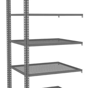 A metal storage rack with five wire shelves, featuring adjustable brackets and an open frame design for versatile storage. The structure is unassembled, showcasing its potential for holding various items in a garage or warehouse setting.