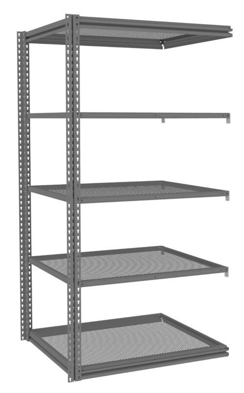 A metal storage rack with five wire shelves, featuring adjustable brackets and an open frame design for versatile storage. The structure is unassembled, showcasing its potential for holding various items in a garage or warehouse setting.