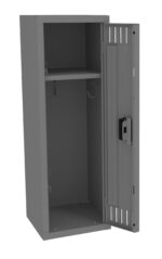 Open gray metal locker with a single upper shelf and a hook below. The door is ajar, revealing ventilation slots and a built-in lock.