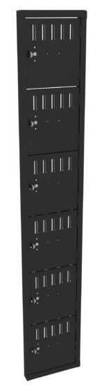 Tall black locker with six stacked compartments, each featuring a lock and ventilation slits. The doors are evenly aligned, creating a sleek, organized appearance suitable for secure storage in a school or gym setting.