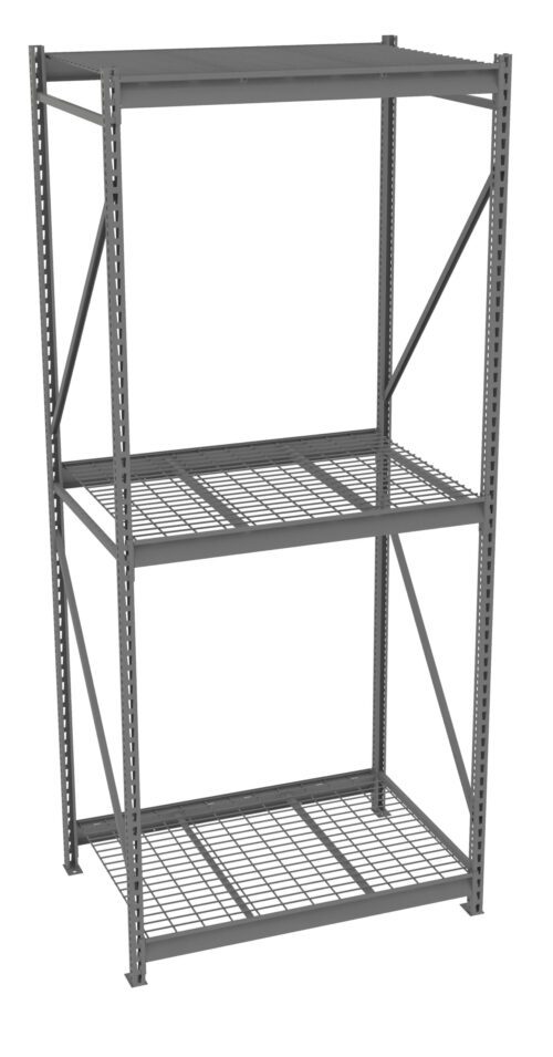 A gray metal shelving unit with three levels. The shelves are made of a grid-like metal mesh. The unit has vertical supports with holes for adjustable shelving and diagonal braces for stability.