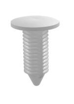 A 3D-rendered image of a white, cylindrical, threaded fastener with a flat, circular head and a pointed tip. The screw appears to be made of plastic and is shown against a plain white background.